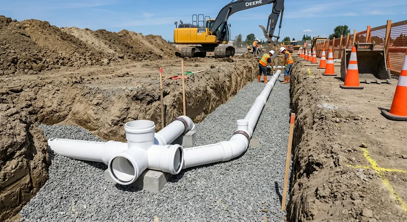 New PVC sewer pipe installation in open trench for Commercial Drain Cleaning in Forest Grove