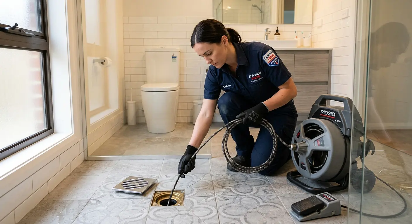 Technician clearing a bathroom floor drain for Clogged Drain Repair in Forest Grove